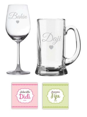 Beer Mug Wine Glass Combo, Coasters Set of 4