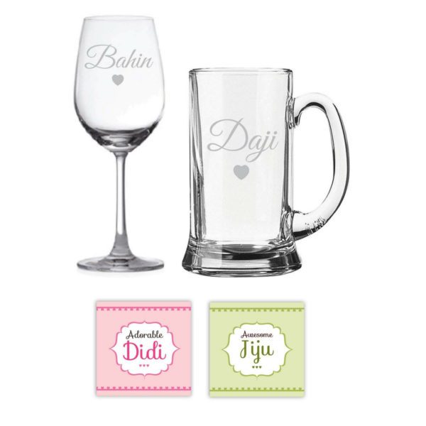 Beer Mug Wine Glass Combo, Coasters Set of 4