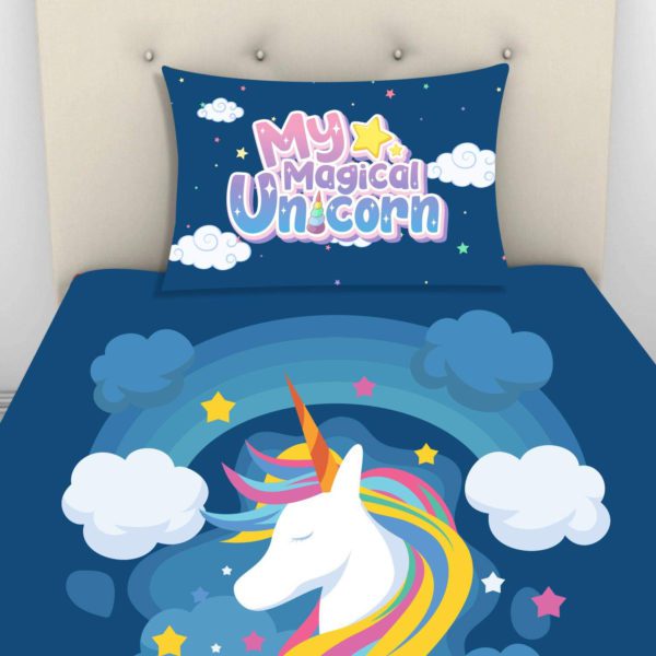 Kid's 250TC Velvet Designer Modern My Unicorn Printed Single Bedsheet (65x100 Inches) with 1 Matching Pillow Cover