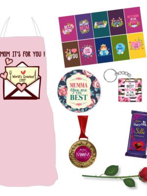 Birthday Gifts for Mom Chef Apron, 1 Dairy Milk Silk (60g), Medal,Fridge Magnet, Keychain, 1 Artificial Red Rose