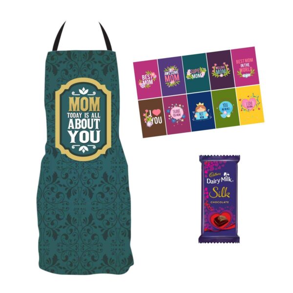 Mothers Day Gifts Apron, Set of 10 Greeting Post Card, 1 Dairy Milk Silk Chocolate (60g) Hamper set of 3 for Mom
