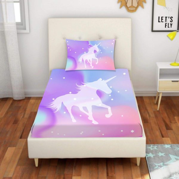 Kid's Velvet Designer Unicorn Printed Single Bedsheet with 1 Matching Pillow Cover (65x100 Inches, Multi-Coloured)