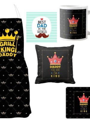 Grill  King Dad Hamper for Father Apron, Mug, Coaster, Cushion Cover, Mousepad (Black) -Set of 5