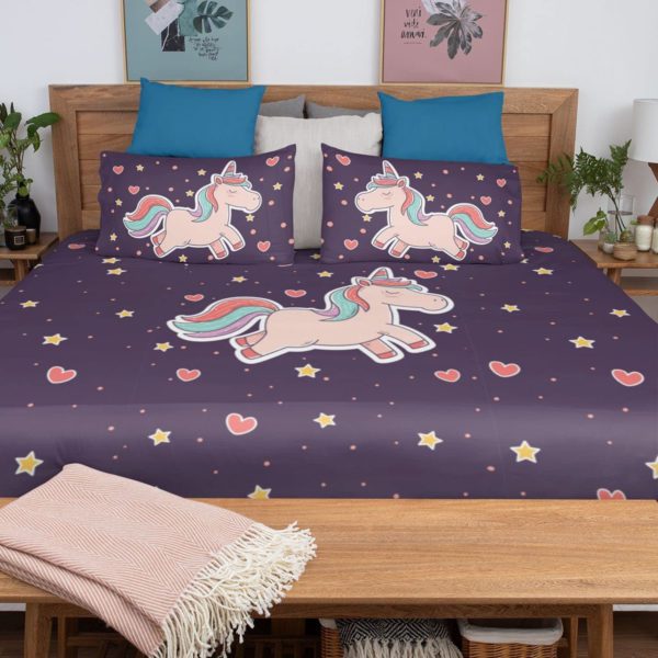 Birthday Gifts Velvet Designer Kids Cute Unicorns Printed Double King Size Bedsheet (100x100 Inches/250CT) with 2