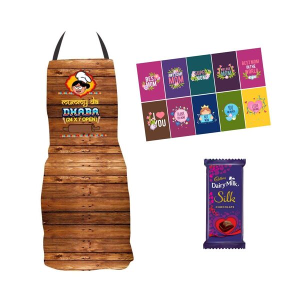 Mothers Day Gifts Apron, Set of 10 Greeting Post Card, 1 Dairy Milk Silk Chocolate (60g) Hamper set of 3 for Mom