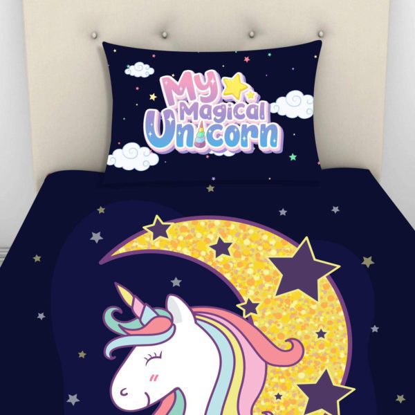 Kid's Velvet Designer My Magical Unicorn Printed Single Bedsheet with 1 Matching Pillow Cover (65x100 Inches)