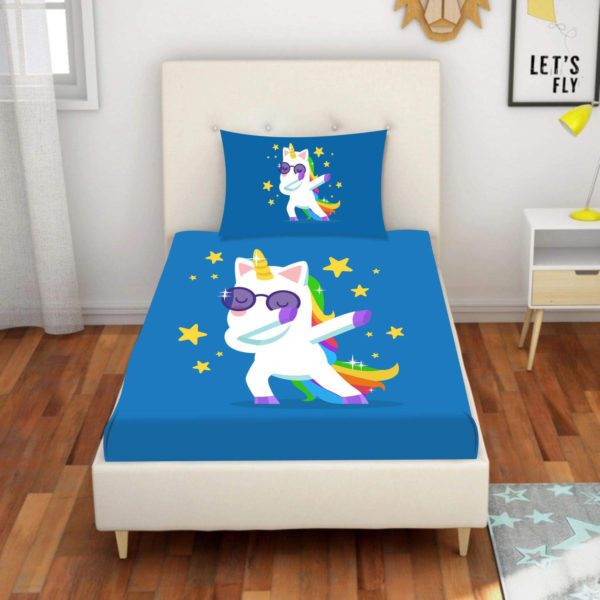 Birthday Gifts Velvet Designer Kids Swag Baby Unicorns Printed Single Bedsheet (65x100 Inches/250CT) with 1 Matching