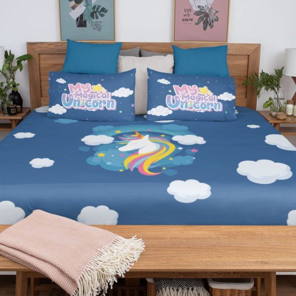 Birthday Gifts Velvet Designer Kids My Unicorn Printed Double King Size Bedsheet (100x100 Inches/250TC) with 2 Matching