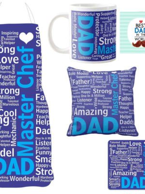 MasterChef Dad Combo Set of 5 - Apron, ceramic Mug, Coaster, Cushion Cover, Mousepad , Blue