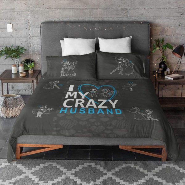 , Printed Bedsheet with 2 Pillow Covers - I Love My Crazy Husband Birthday