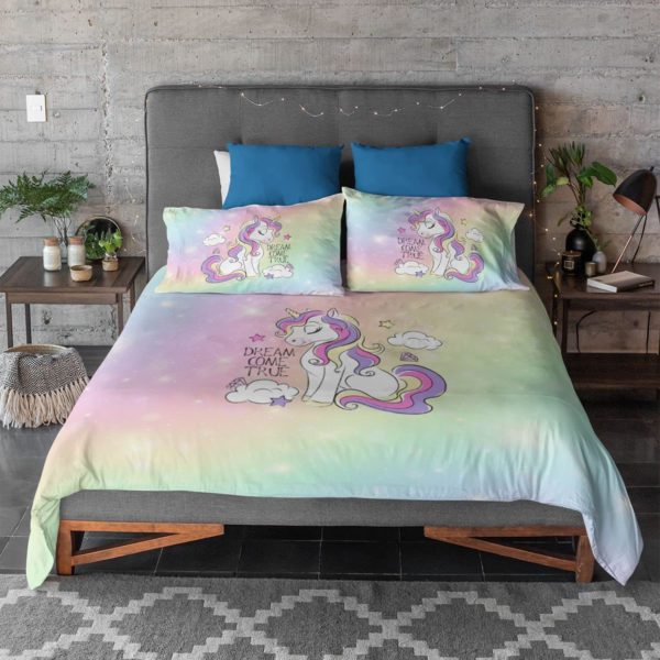 Kid's Velvet Designer 250TC Modern Dream Come True Unicorn Printed Double King Size Bedsheet with 2 Matching Pillow