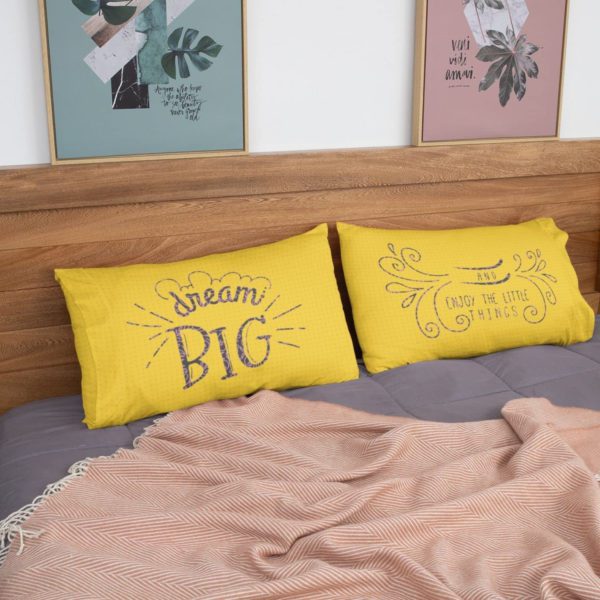 Dream Big and Enjoy The Little Things Motivational Quotes King Size Double Bedsheet with 2 Pillow Covers_Yellow,