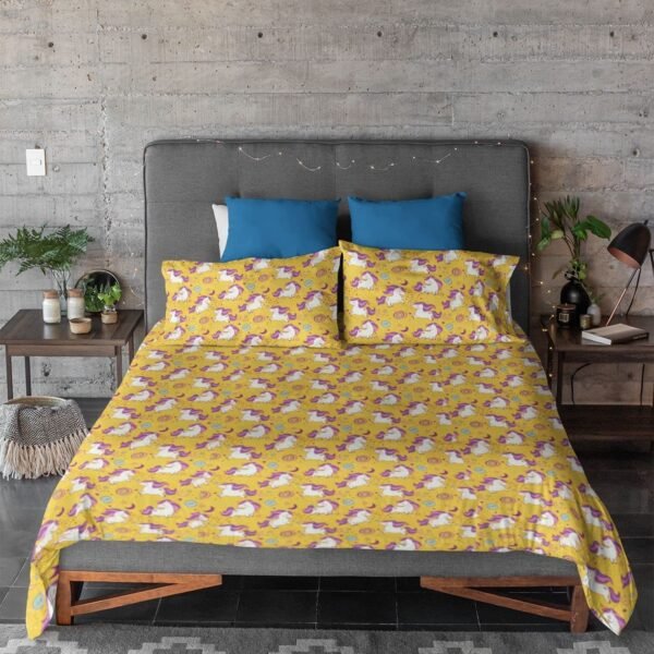 Birthday Gifts Velvet Designer Kids Unicorn Printed Double King Size Bedsheet (100x100 Inches/250CT) with 2 Matching