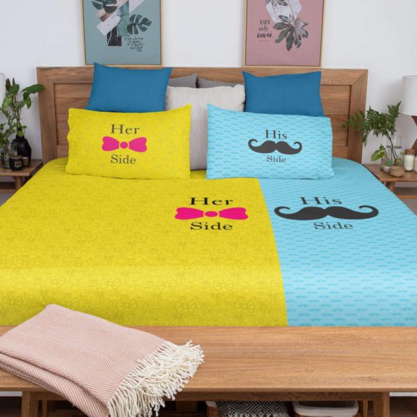 Birthday Gifts Love Couple Double Bedsheet with 2 Pillow Covers - Multi