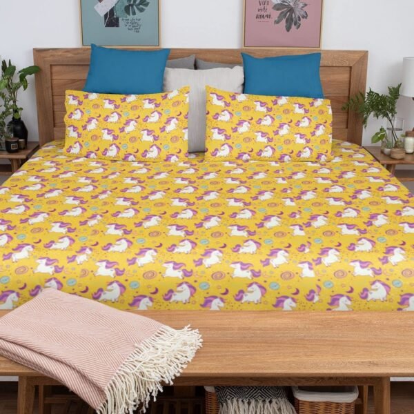 Birthday Gifts Velvet Designer Kids Unicorn Printed Double King Size Bedsheet (100x100 Inches/250CT) with 2 Matching