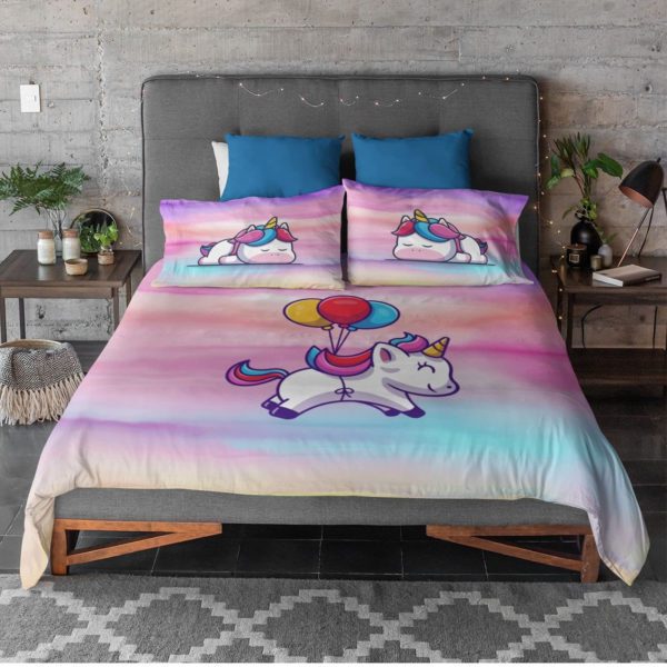 Birthday Gifts Velvet Designer Kids Balloons Flying Unicorns Printed Double King Size Bedsheet (100x100 Inches/250CT)