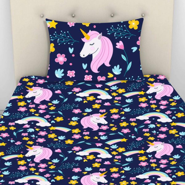 Velvet Designer Cute Unicorns Printed Single Bedsheet with 1 Matching Pillow Cover (65x100 Inches)