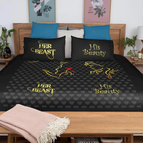 Her Beast His Beauty Romantic Couple Valentine bedsheet with 2 Pillow