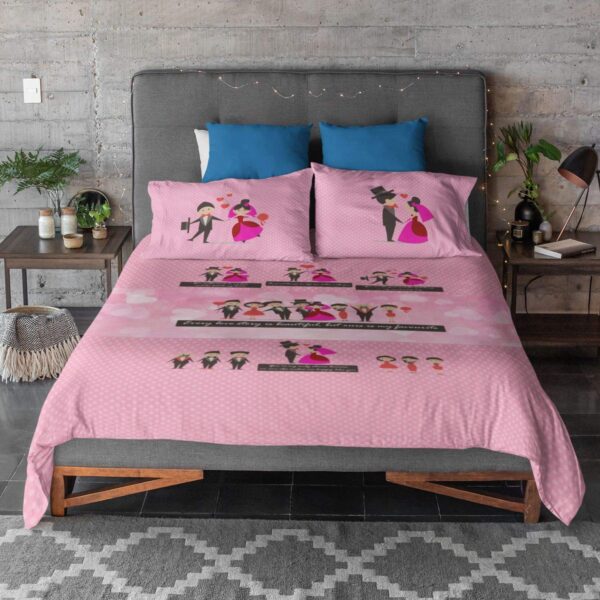 TYYC Wedding Gifts For Couple, Cute Doodle Couple Bedsheet With 2 Pillow Covers Bride Groom, Husband Wife - Beige