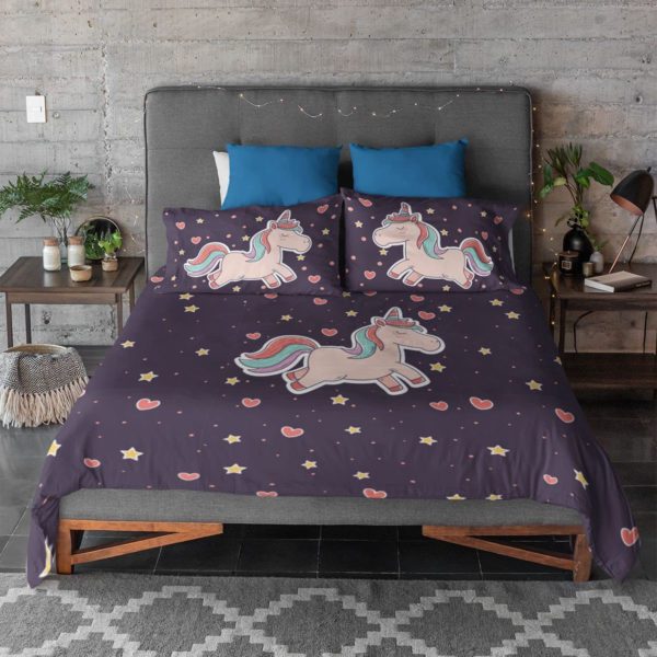 Birthday Gifts Velvet Designer Kids Cute Unicorns Printed Double King Size Bedsheet (100x100 Inches/250CT) with 2