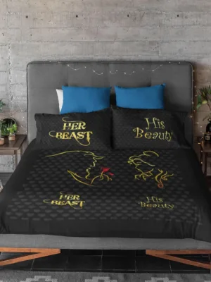 Her Beast His Beauty Romantic Couple Valentine bedsheet with 2 Pillow