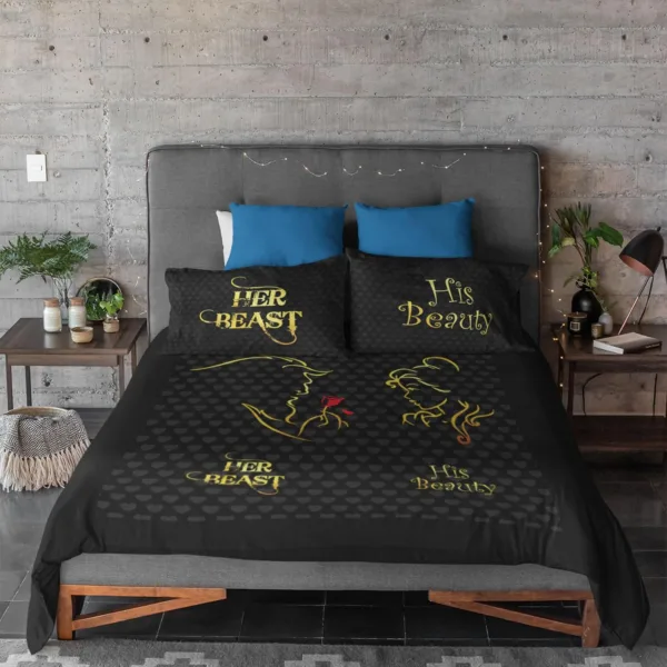 Her Beast His Beauty Romantic Couple Valentine bedsheet with 2 Pillow