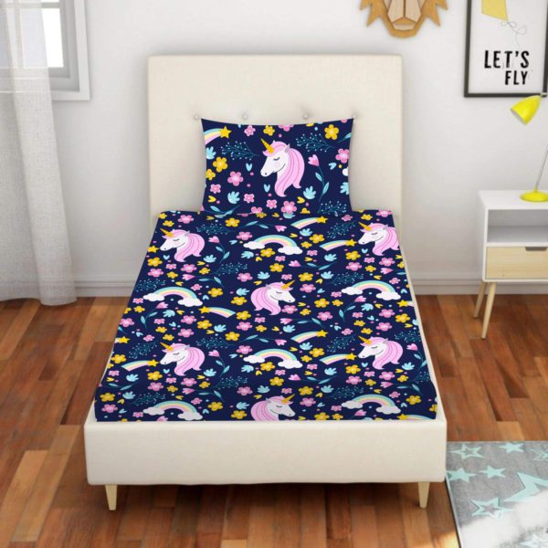 Velvet Designer Cute Unicorns Printed Single Bedsheet with 1 Matching Pillow Cover (65x100 Inches)