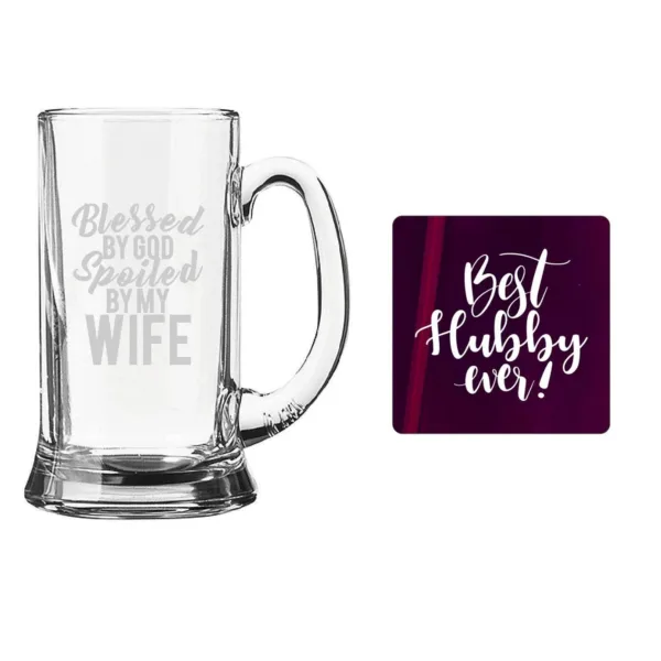 Blessed by God Spoiled by My Wife Engraved Beer Mug