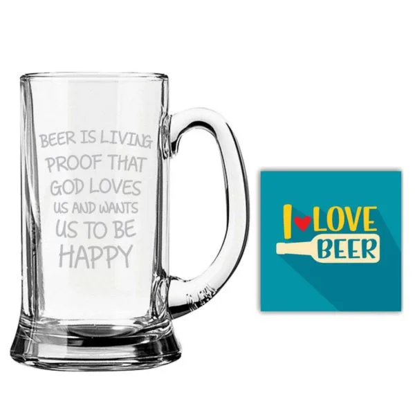 Beer is A Living Proof That God Wants Us to Be Happy Engraved Beer Mug