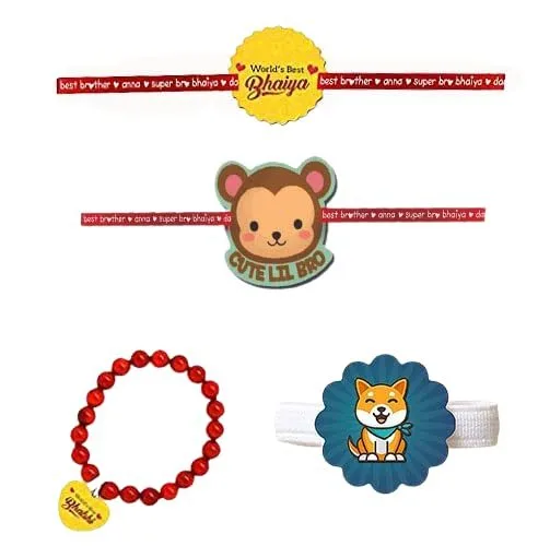World Best Bhaiya & World Best Bhabhi   Family Rakhi with Cute Lil Bro Kids  rakhi  & a Ribbon Combo pack of - 4