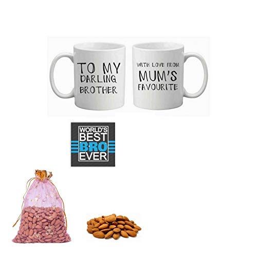 YaYa cafe Rakhi Dry Fruits Gift Combo of 4 -Teasing Darling Mug, Engraved Wooden Brown Rakhi, Almonds, Tilak Roli-Tika for