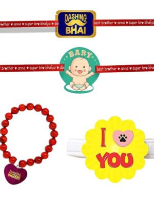 Dashing Bhai  &  Beautiful Bhabhi  Family Rakhi with baby Kids  rakhi  & a Ribbon Combo pack of - 3