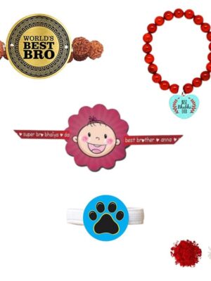 World Best Bro & Best Bhabhi ever  family Rakhi  with  kids rakhi  & Blue Ribbon Combo pack of 3
