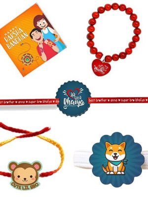 Mere Pyara Bhaiya & Mere Pyare Bhabhi  Family Rakhi with Cute Lil Bro  Kids  rakhi  & a Ribbon Combo pack of - 4