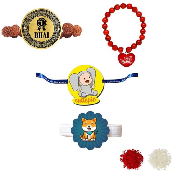 No.1 Bhai & Meri Pyari Bhabhi Family  Rakhi with cutiepie Kids rakhi  & Ribbon Combo pack of -3