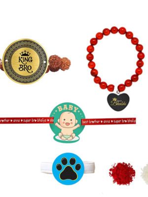 King Bro & Queen Bhabhi  Family Rakhi with Baby Kids rakhi  &  Ribbon Combo pack of - 3