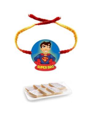 Yaya Cafe Printed Rakhi Sweets Gift Combo for Brothers, Super Bro Printed Rakhi, Badam Patisa - 1 Kg, Raksha Bandhan