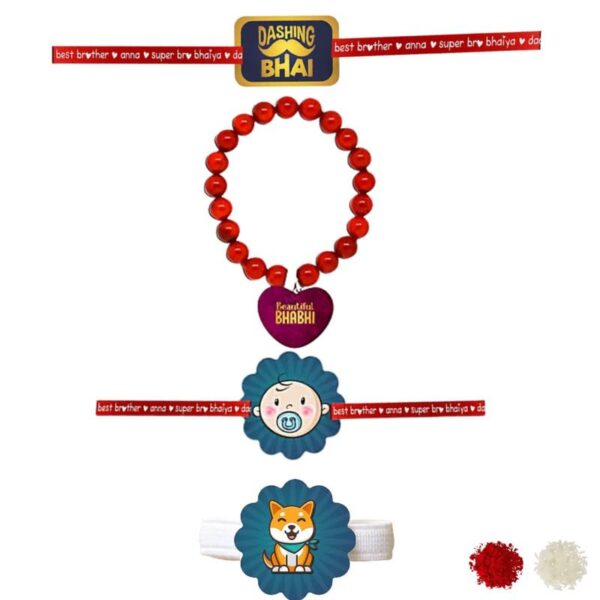 Dashing Bhai & Beautiful Bhabhi Family  Rakhi with Baby  Kids rakhi  & a Ribbon Combo pack of - 3