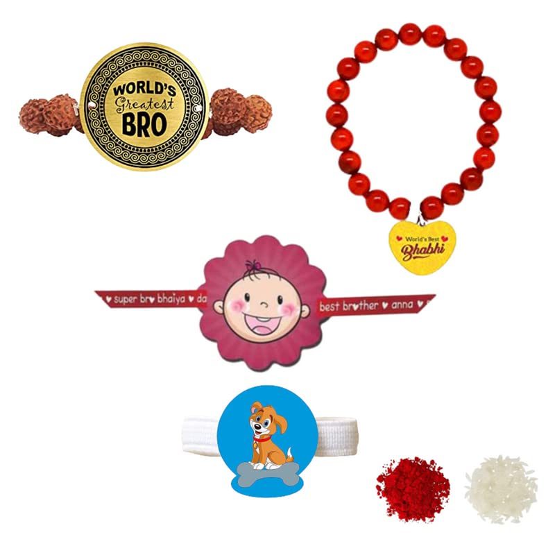 World Greatest Bro & World Best Bhabhi  Family Rakhi with Baby kids rakhi  & ribbon Combo pack of - 3