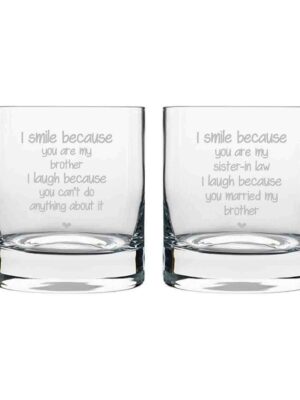 TheYaYaCafe Rakhi Gift Brother and Bhabhi Combo Whiskey Glasses Funny Teasing I Smile I Laugh Coasters Set of 2-325 ml