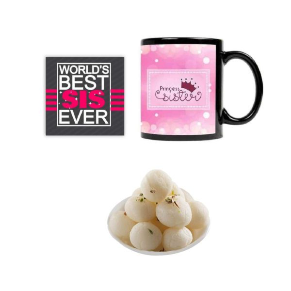 Yaya Cafe� Rakhi Sweets Gift Combo for Sister, Princess Sister Mug, Rasgulla, Coaster Gift Combo of 3 Birthday