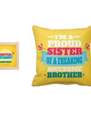 Yaya Cafe Birthday Rakhi Gifts for Brother, Proud Sister of a Freaking Awesome Brother 16x16 inches Cushion Cover with 6x6