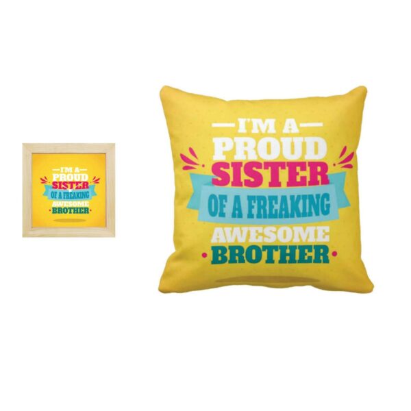 Yaya Cafe Birthday Rakhi Gifts for Brother, Proud Sister of a Freaking Awesome Brother 16x16 inches Cushion Cover with 6x6