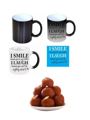 Yaya Cafe™ Rakhi Sweets Gift Combo for Brother, Funny Teasing I Smile I Laugh Brother Mug, Gulabjamun, Coaster Gift Combo of 3