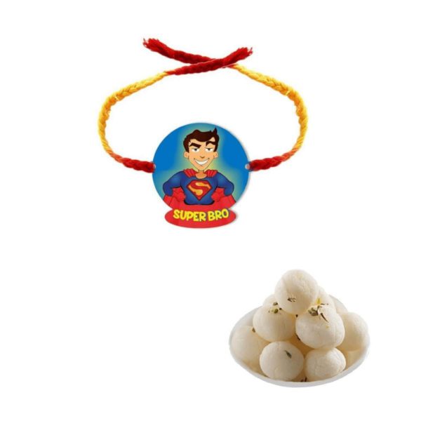 Yaya Cafe Printed Rakhi Sweets Gift Combo for Brothers, Super Bro Printed Rakhi, Rasgulla, Gift Combo Raksha Bandhan