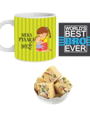 Yaya Cafe Rakhi Sweets Gift Combo for Brother ,Mere Pyaara Bhai Hamper Set of 4 - Mug, Coaster, Badam Patisa - 1 Kg, Printed