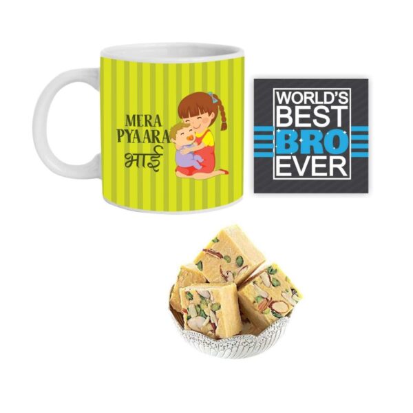 Yaya Cafe Rakhi Sweets Gift Combo for Brother ,Mere Pyaara Bhai Hamper Set of 4 - Mug, Coaster, Badam Patisa - 1 Kg, Printed