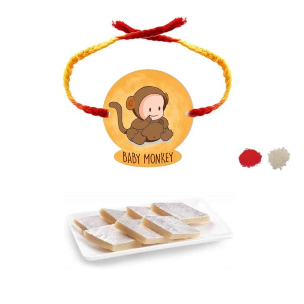 YaYa Cafe Rakhi Sweets Gift Combo for Brother Baby Monkey Printed Rakhi, Kaju Katli - 1 kg, Gift Combo of 2 Raksha Bandhan