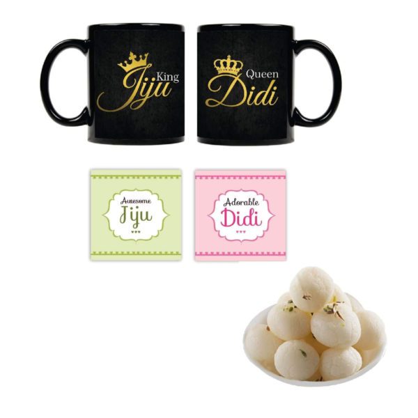 Yaya Cafe� Rakhi Sweets Gift Combo for Sister Didi Jiju, King Jiju Queen Sister Didi Jiju Mug, Rasgulla, Coaster Gift Combo of