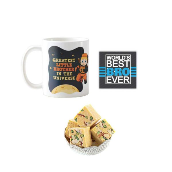 Yaya Cafe™ Rakhi Sweets Gift Combo for Brother, Greatest Little Brother Mug, Badam Patisa, Coaster Gift Combo of 3 Birthday